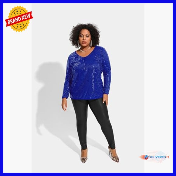 Plus Size Long Sleeve Sequin Tunic V-Neck Blouse Party Casual Wear - Picture 4 of 5